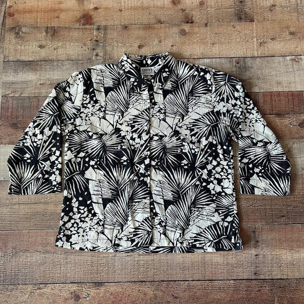 Chico's Design Womens 3/4 Sleeve Silk Blend Floral Print Button-Up Shirt Size 2